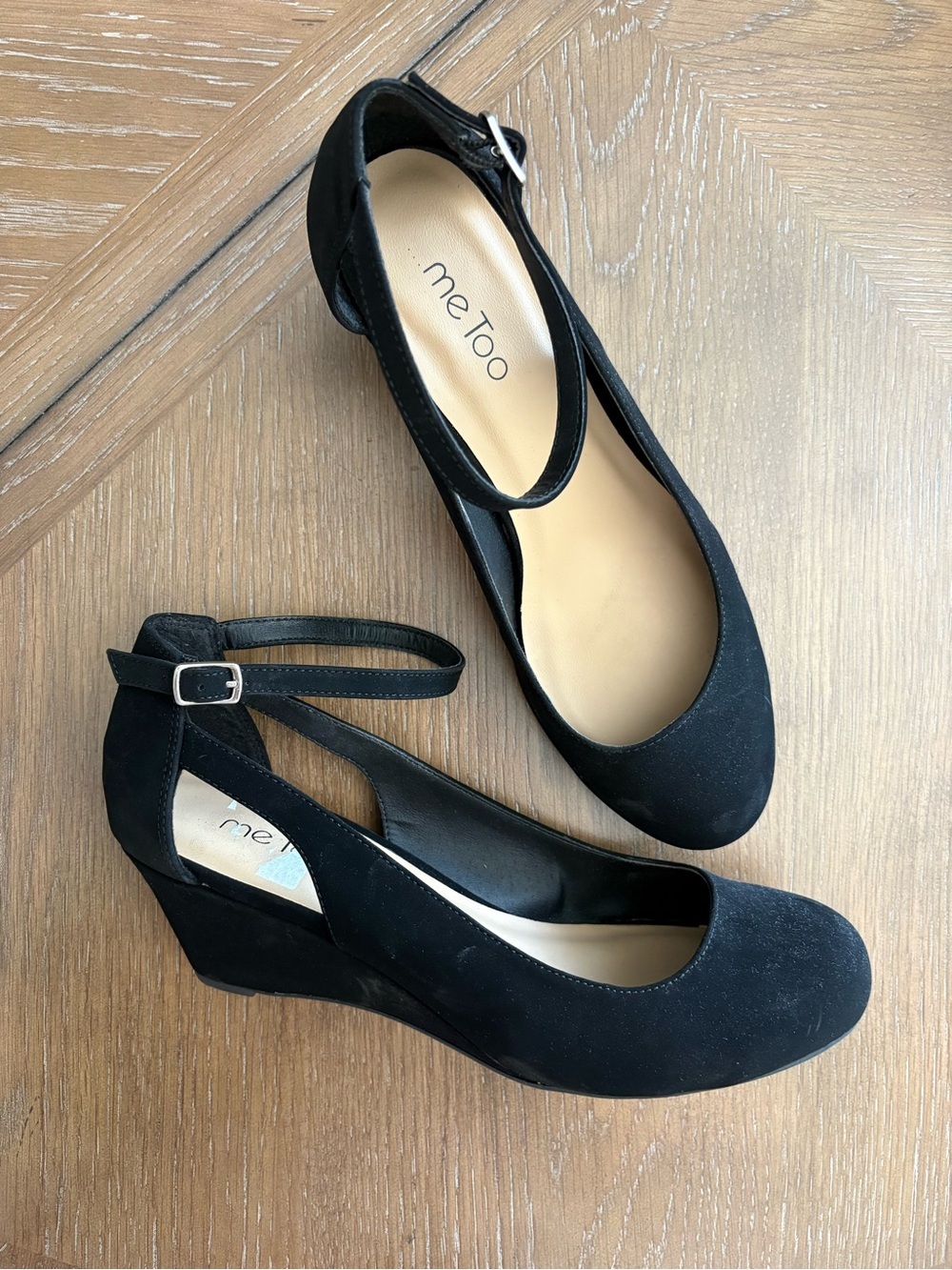 me too Black Suede Ankle-Strap Wedge Shoes